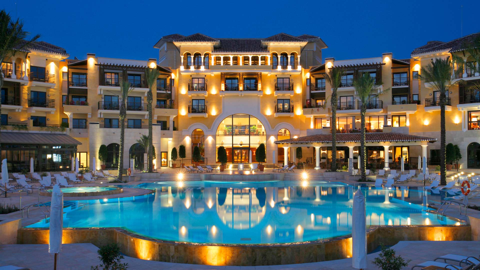 a pool in front of a building